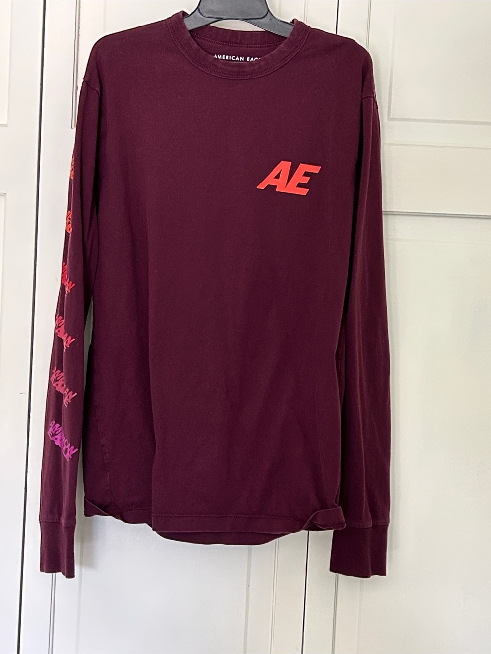 American Eagle Outfitters Maroon Long Sleeve Tee with Orange AE Chest Logo
